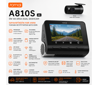 70mai A810S 4K avtomobil videoregistratoru + RC22 arxa kamera